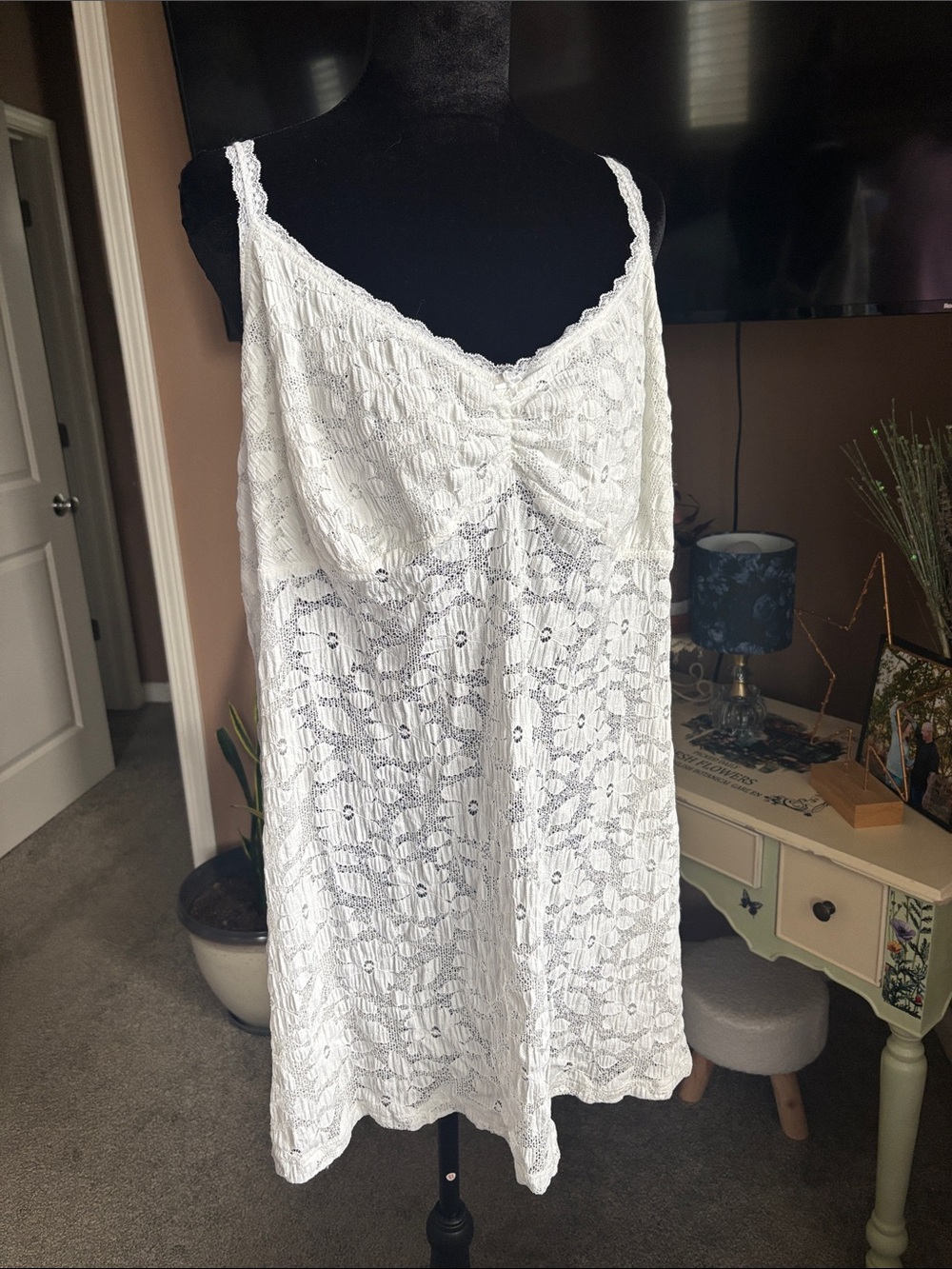 aerie White Lace Chemise Slip with Floral Crochet